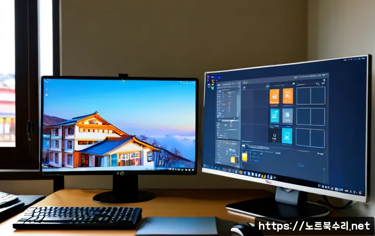 자작동 VENDOR_DEFINED_ERROR - Photorealistic desktop support workstation in a compact Jajag-dong apartment office, dual monitors s...