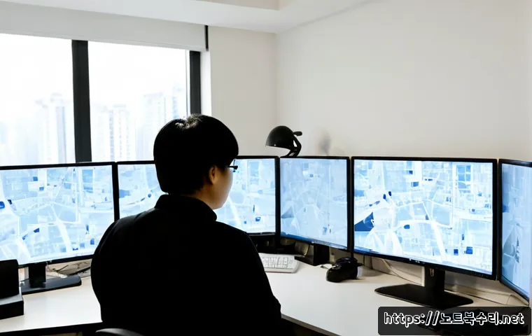 화정동 PAGE_TABLE_CORRUPT - Photorealistic IT support workstation in a Hwa-jeong-dong apartment home office, dual monitors showi...
