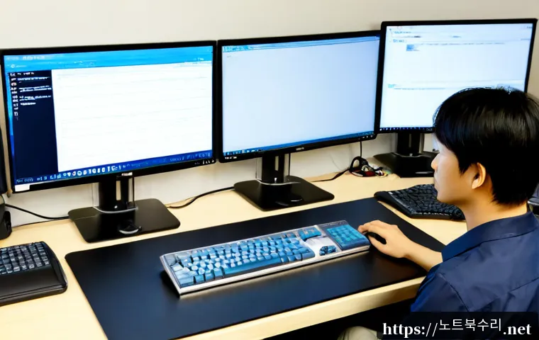 안녕동 STATUS_MEMORY_ACCESS_DENIED - Photorealistic IT support workstation in a quiet Korean suburban office, dual monitors showing abstr...