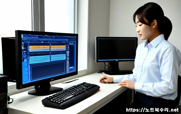 왕십리 STATUS_KERNEL_THREAD_FAILURE - Photorealistic remote IT support workstation in Wangsimni, dual monitors showing a clean unbranded C...