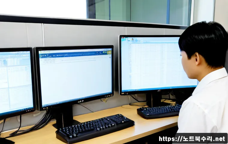 남동 VENDOR_DEFINED_ERROR - Photorealistic remote-support workstation in a Namdong industrial office, technician examining a dua...