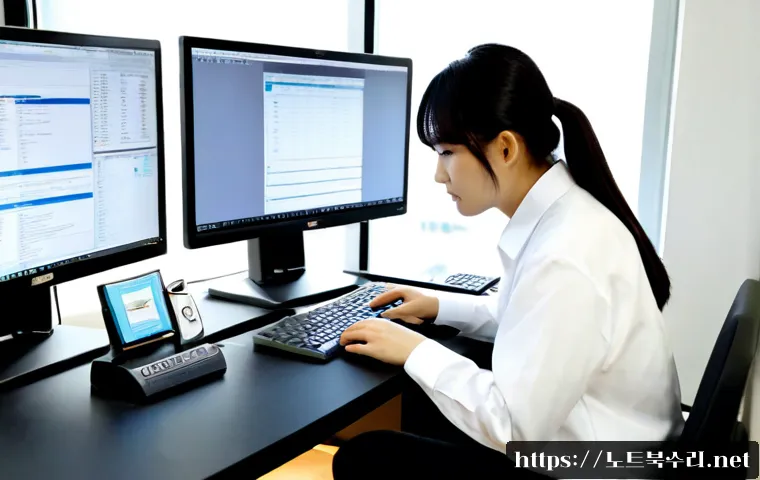 합정동 POOL_CORRUPTION_IN_FILE_AREA - Photorealistic IT support workstation in a compact Hapjeong-dong creative studio, dual monitors show...