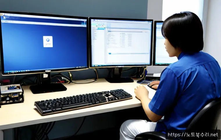 공세동 STATUS_DEVICE_NOT_READY - Photorealistic IT support workstation in a modern Gongse-dong industrial office, desktop monitor sho...