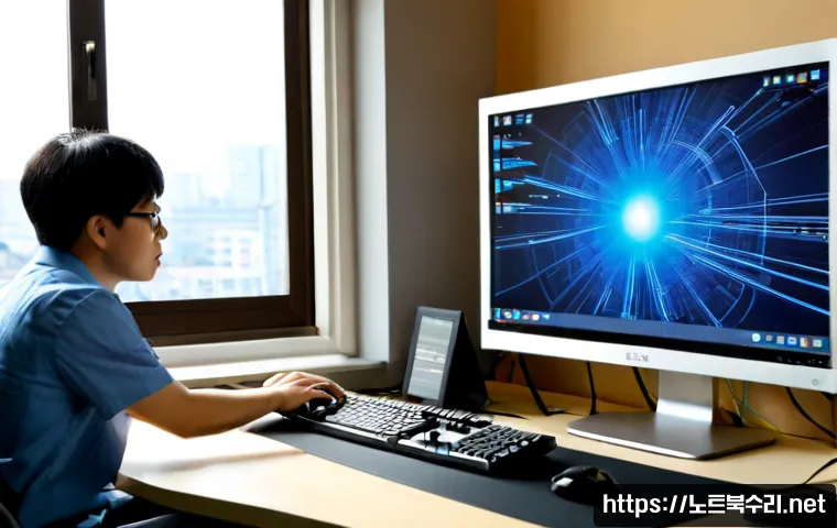 보문동 SYSTEM_SERVICE_EXCEPTION - Photorealistic IT support workstation in a compact Bomun-dong office, desktop monitor showing an abs...