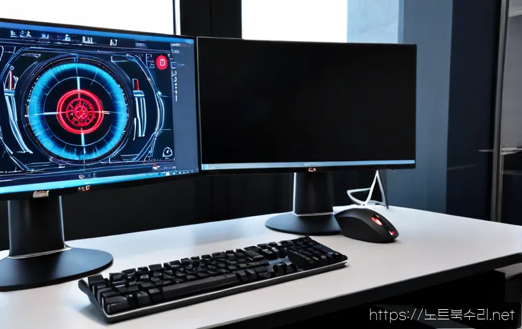 권선구 STATUS_SYSTEM_PROCESS_TERMINATED - Photorealistic IT support workstation in a modern Kwonsun-gu office, dual monitors showing a frozen ...