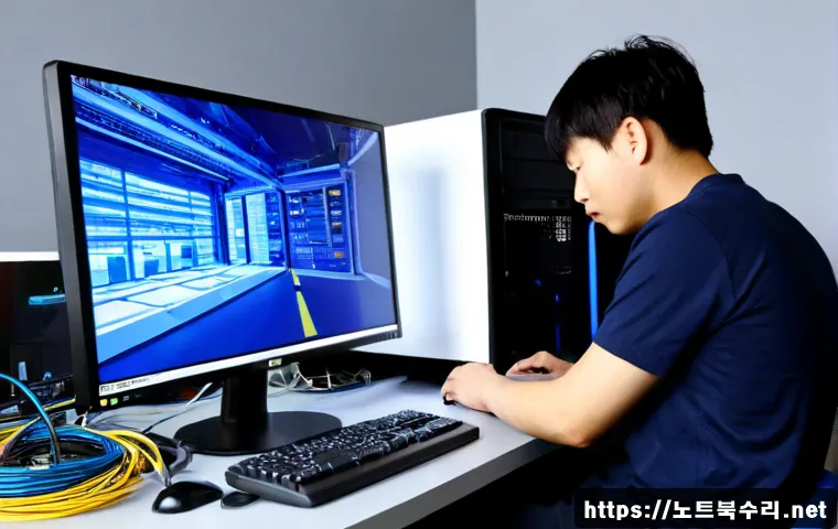 월송동 DPC_WATCHDOG_VIOLATION - Photorealistic modern workstation in Wolsong-dong, desktop monitor frozen on a blank cobalt system-e...