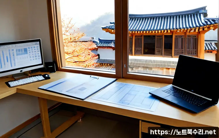 누하동 STATUS_FILE_LOCK_CONFLICT - Photorealistic architectural workstation in a quiet Nuha-dong studio, dual monitors showing a detail...