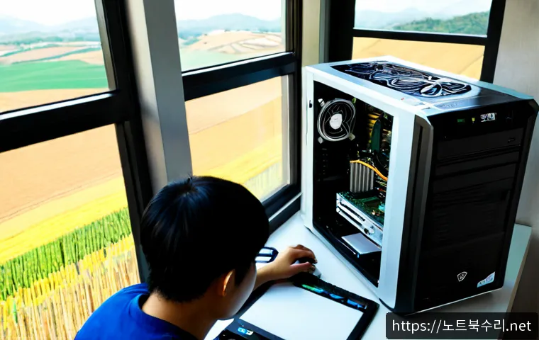 하점면 하드조립 및 교체수리 - Photorealistic computer repair workstation in a quiet rural Korean township, technician carefully in...