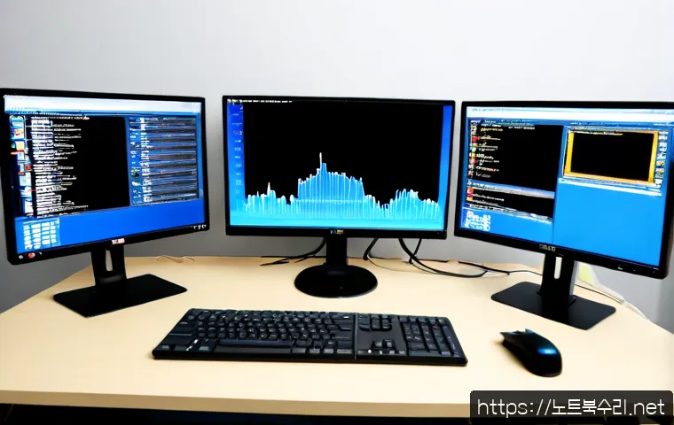 지제동 DRIVER_IRQL_NOT_LESS_OR_EQUAL - Photorealistic IT support workstation in a modern Jijedong office, dual monitors showing a blank blu...