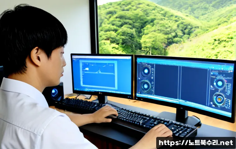 탄현면 WIN32K_LOCK_HELD_TOO_LONG - Photorealistic remote IT support workstation in a quiet Tanhyeon-myeon office, dual monitors showing...