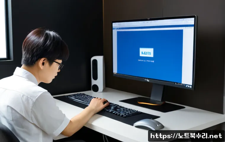 초이동 IO1_INITIALIZATION_FAILED - Photorealistic remote-support workstation in a compact modern office, dual monitors showing a frozen...