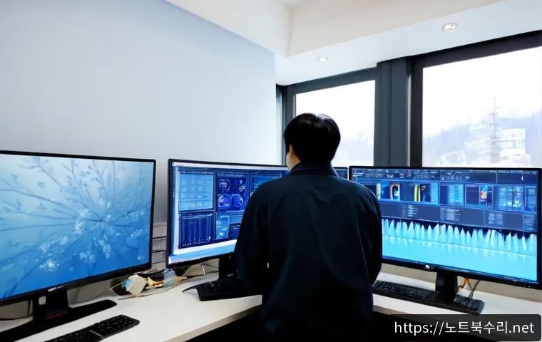 내유동 DRIVER_CAUSED_SYSTEM_CRASH - Photorealistic IT support workstation in a quiet Korean suburban office, dual monitors showing a fro...