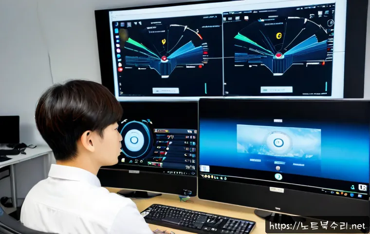 신사동 STATUS_EXECUTION_TIMEOUT - Photorealistic IT support workstation in Sinsa-dong, Seoul, dual monitors displaying a frozen abstra...