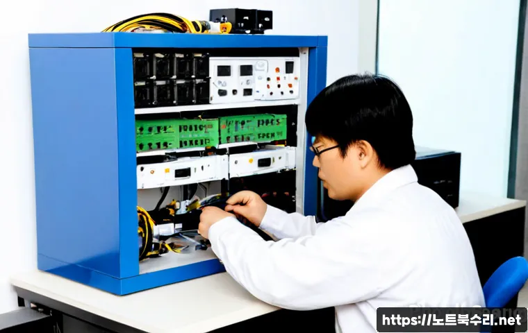 정자동 파워조립 및 교체수리 - Photorealistic electronics repair bench in Jeongja-dong, technician carefully replacing a modular de...