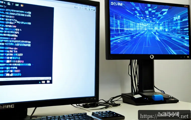 안양시 DRIVER_CAUSED_SYSTEM_CRASH - Photorealistic IT support workstation in Anyang, South Korea, dual monitors showing a blank blue cra...