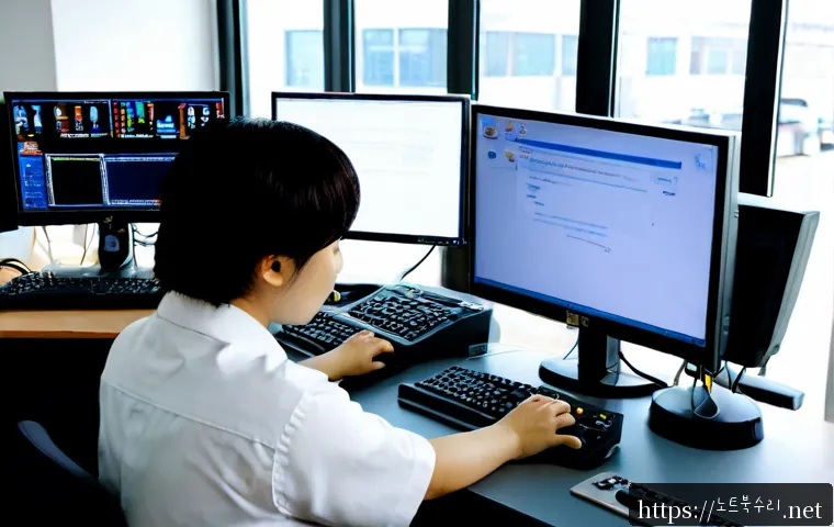 진위면 STATUS_KERNEL_DEVICE_ERROR - Photorealistic remote-support workstation in a quiet South Korean industrial district office, frustr...