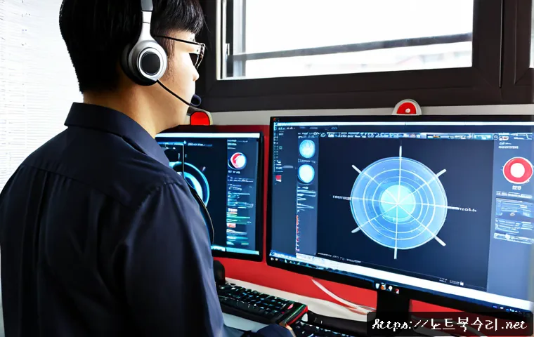 남학동 악성코드 바이러스 - Photorealistic IT support workstation in Namhak-dong, desktop monitor showing a clean abstract cyber...