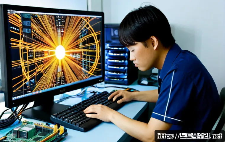 오산동 STATUS_DISK_CORRUPTION - Photorealistic computer repair workstation in an Osan-dong style compact office, desktop tower opene...
