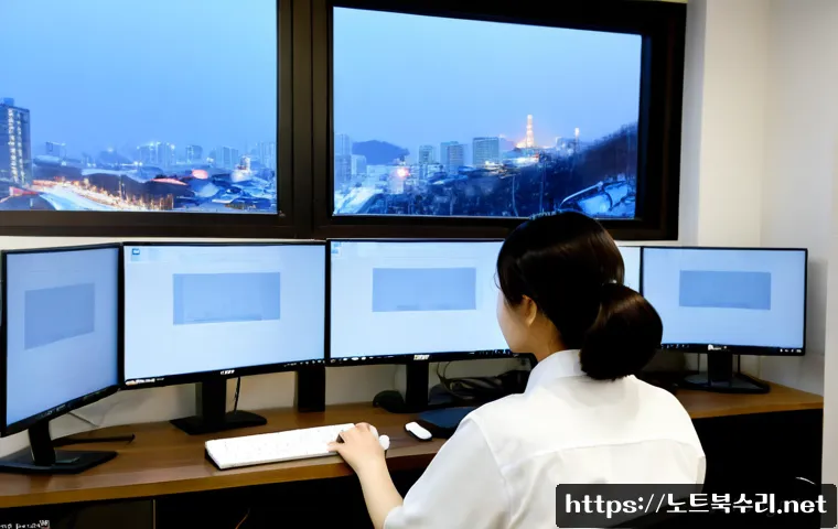 율전동 STATUS_RESOURCE_NOT_OWNED - Photorealistic remote-support workstation in a compact Yuljeon-dong apartment office, dual monitors ...