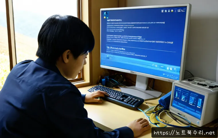 신북면 STATUS_KERNEL_FILE_SYSTEM_ERROR - Photorealistic IT support workstation in a quiet rural Korean office near low forested hills, deskto...