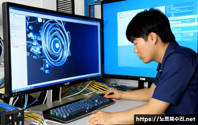 동양동 DRIVER_CAUSED_SYSTEM_CRASH - Photorealistic IT support workstation in Dongyang-dong, dual-monitor desktop computer abruptly froze...