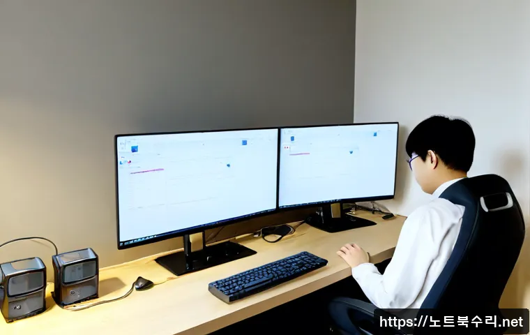 대곡동 STATUS_PAGE_FAULT - Photorealistic remote-support workstation in a modern Daegok-dong apartment office, dual monitors sh...