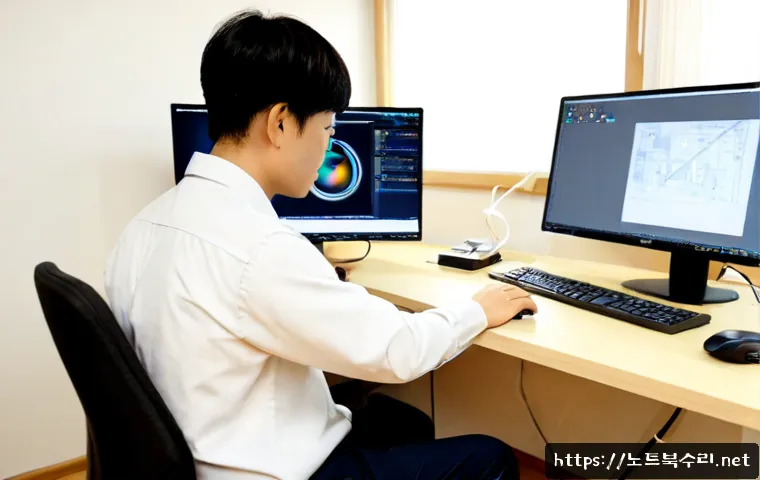 금오동 STATUS_RESOURCE_NOT_OWNED - Photorealistic IT support workstation in a quiet Geumodong apartment, dual monitors showing abstract...