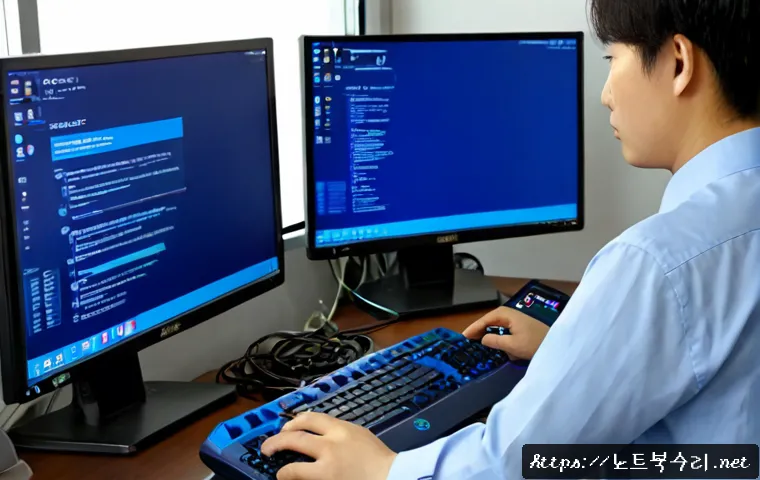 경안동 HAL_INITIALIZATION_FAILED - Photorealistic remote-support workstation in a compact Gyeongan-dong office, dual monitors showing a...