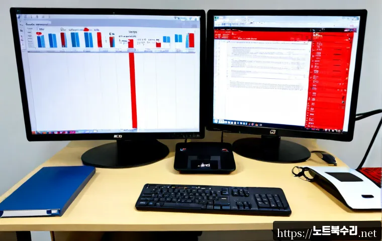 청암동 STATUS_DISK_FULL - Photorealistic remote-support workstation in a compact Cheongam-dong apartment office, dual monitors...