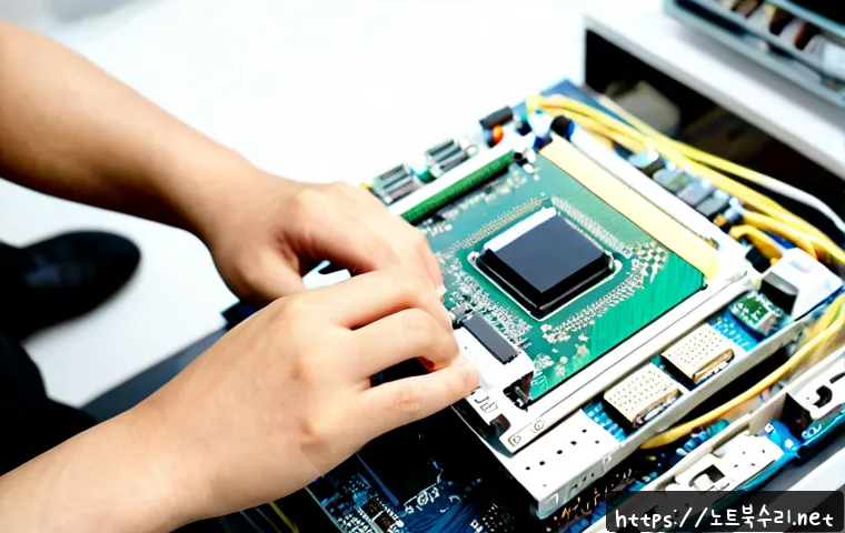 원미동 cpu조립 및 교체수리 - Photorealistic computer repair workstation in Wonmi-dong, technician carefully installing a modern C...