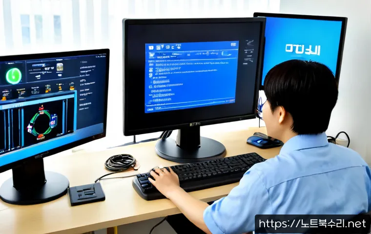 오정구 STATUS_KERNEL_LOG_FAILURE - Photorealistic IT support workstation in a compact modern office in Ojeong-gu, dual monitors showing...