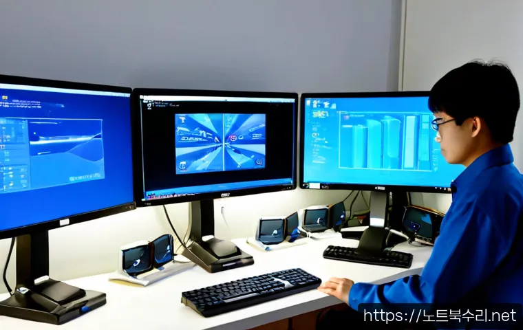 연라동 STATUS_KERNEL_THREAD_FAILURE - Photorealistic computer repair workstation in a compact Yeonra-dong office, dual monitors frozen on ...