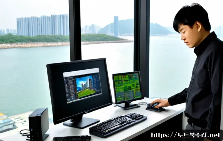 인천시 HARDWARE_FAILURE - Photorealistic Songdo office workstation, an unbranded desktop tower opened beside a dual-monitor CA...
