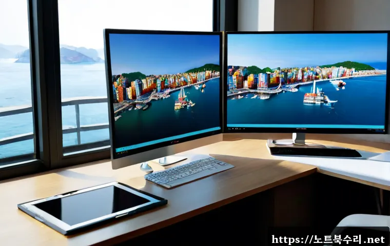 해안동 STATUS_KERNEL_HEAP_CORRUPTION - Photorealistic coastal district architecture studio, dual-monitor workstation displaying an abstract...