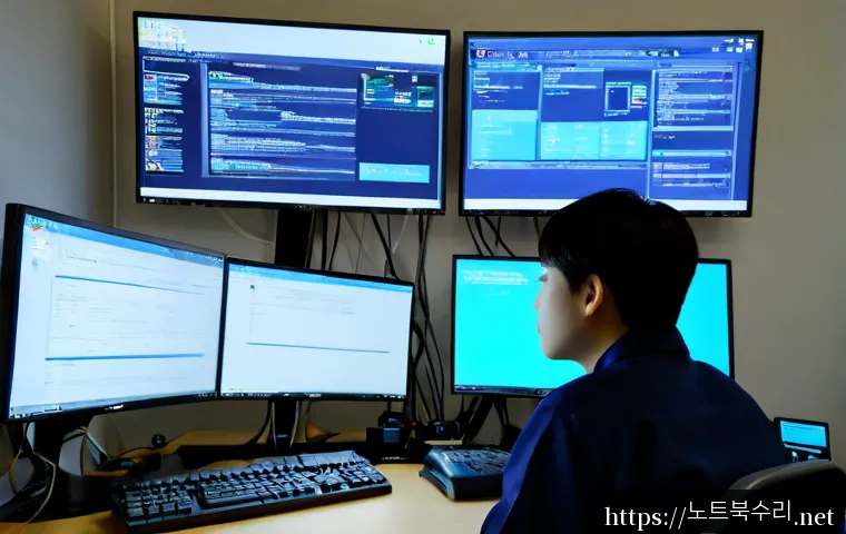 원지동 PAGE_FAULT_IN_NONPAGED_AREA - Photorealistic IT support workstation in a quiet Wonji-dong office near low green hills, dual monito...