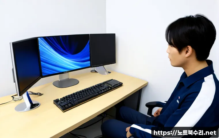 상면 THREAD_STUCK_IN_DEVICE_DRIVER - Photorealistic high-end CAD workstation in a compact Seoul office, dual monitors with a blank cobalt...