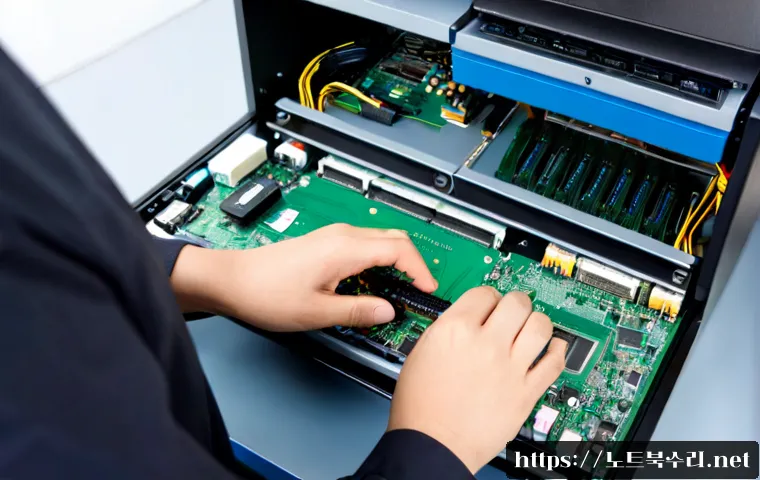 부평동 RAM조립 및 교체수리 - Photorealistic computer repair bench in a compact Bupyeong-dong office, technician carefully install...