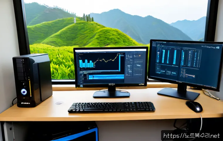 신현동 STATUS_IO_TIMEOUT - Photorealistic IT support workstation in a compact apartment office near a quiet Korean hillside nei...