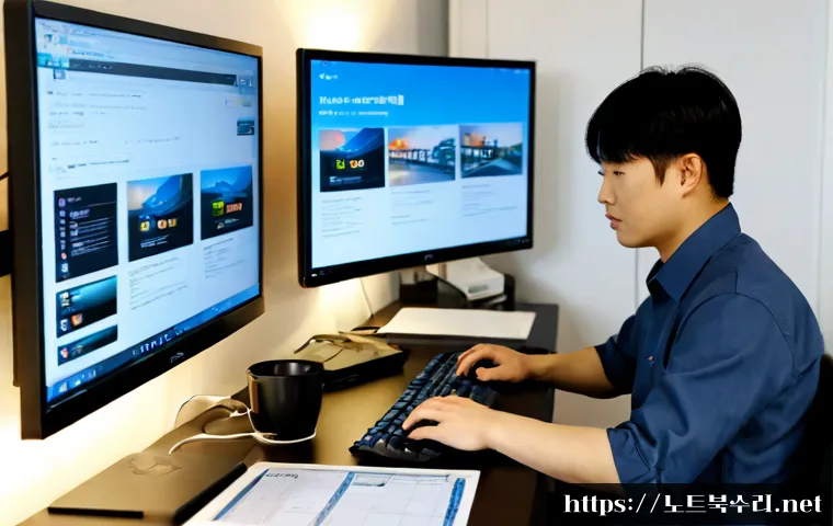 귤현동 STATUS_IMAGE_ACCESS_DENIED - Photorealistic remote IT support workstation in a compact apartment office, dual monitors showing a ...