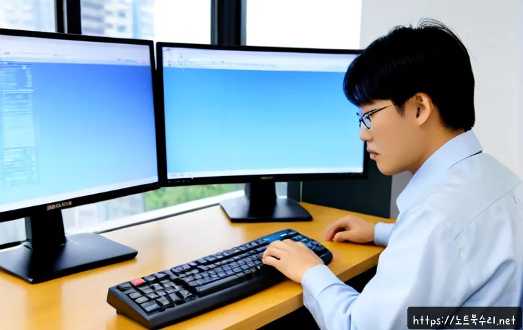 수석동 STATUS_KERNEL_APC_PENDING - Photorealistic IT support workstation in a quiet Korean residential office, technician studying a du...