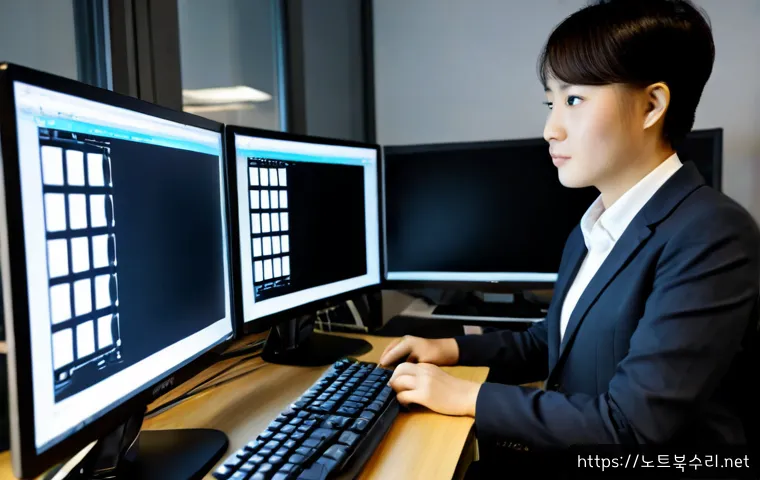 예관동 POOL_HEADER_CORRUPTION - Photorealistic IT support workstation in a compact Ye-gwan-dong office, dual monitors showing a non-...