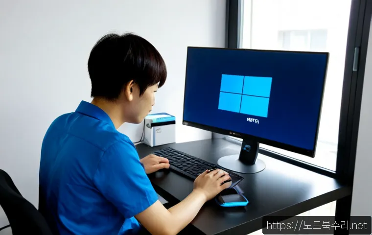 이문동 운영체제 os 재설치 포맷 초기화 - Photorealistic remote-support workstation in a compact apartment office, technician using a laptop c...