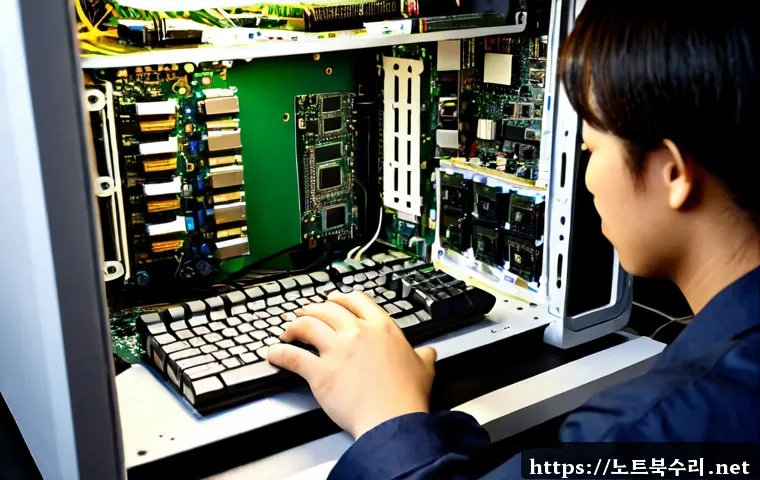 하중동 메인보드조립 및 교체수리 - Photorealistic computer repair workstation in Hajung-dong, technician carefully installing a new mot...