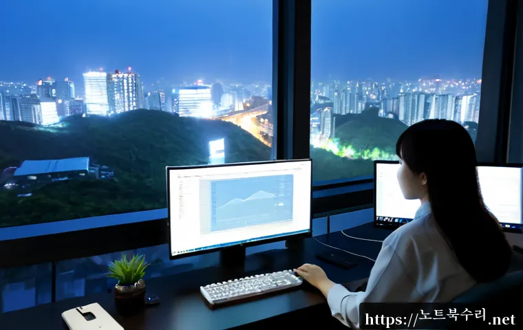 범계동 SOFTWARE_EXCEPTION - Photorealistic remote-support workstation in a modern Beomgye-dong apartment office, dual monitors s...