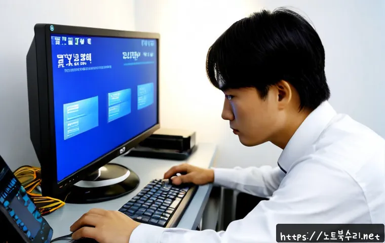 안양동 SYSTEM_SERVICE_EXCEPTION - Photorealistic PC repair workstation in a compact Anyang-dong apartment office, dual monitors showin...