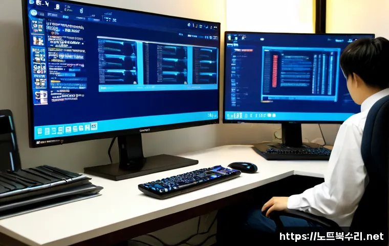 동삭동 KERNEL_STACK_INPAGE_ERROR - Photorealistic remote IT support workstation in a modern Dong-sak neighborhood apartment office, dua...