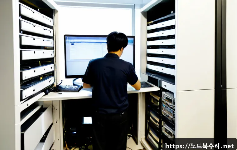 북창동 파일서버출장방문수리점 - Photorealistic onsite file server repair in a compact Bukchang-dong office, technician replacing a h...