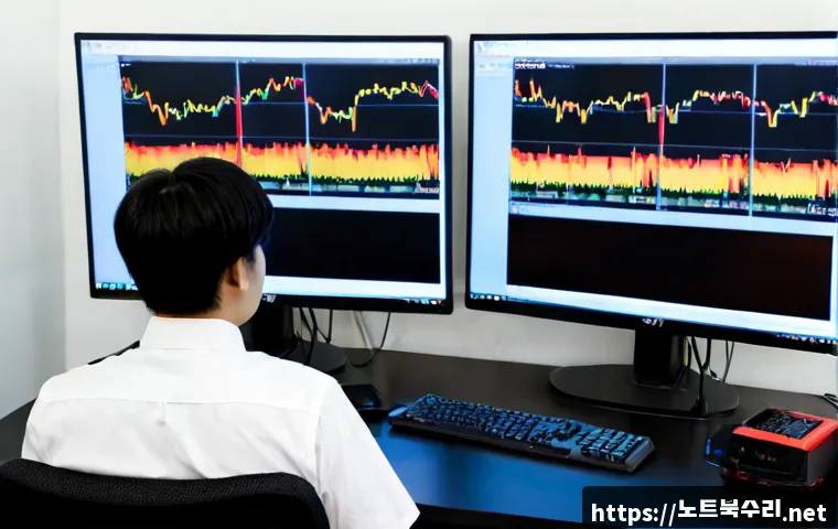 서린동 STATUS_KERNEL_LOG_FAILURE - Photorealistic IT support workstation in a compact Seorin-dong office, dual monitors displaying abst...