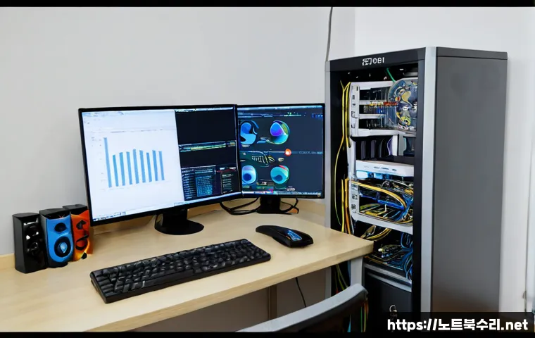 신창동 STATUS_KERNEL_DISK_ERROR - Photorealistic IT support workstation in a compact Sinchang-dong apartment office, desktop tower ope...