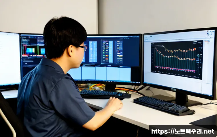 인현동 STATUS_KERNEL_STACK_CORRUPTION - Photorealistic IT support workstation in Inhyeon-dong, Seoul, dual monitors showing abstract system ...